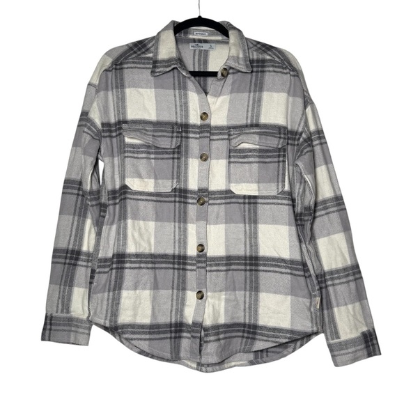 Hollister Boyfriend Button Down Flannel Shirt Gray and White Size Small - Picture 1 of 10
